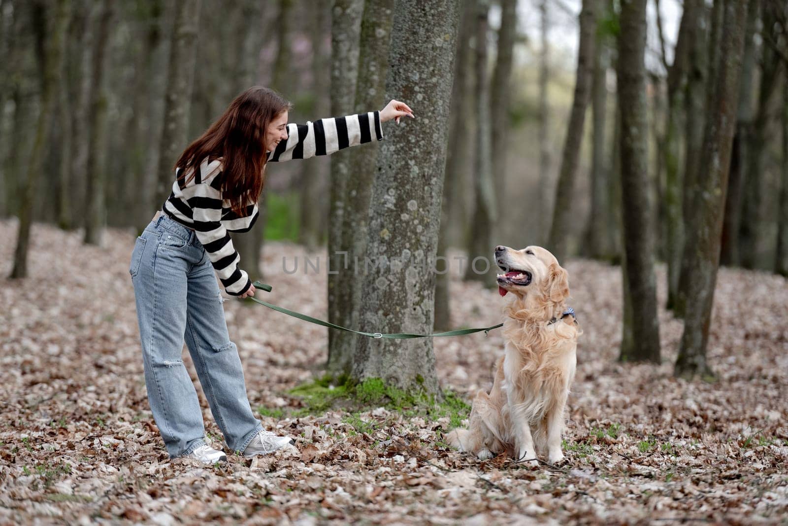 Teenage Girl Enjoys Autumn In Park With Her Golden Retriever
