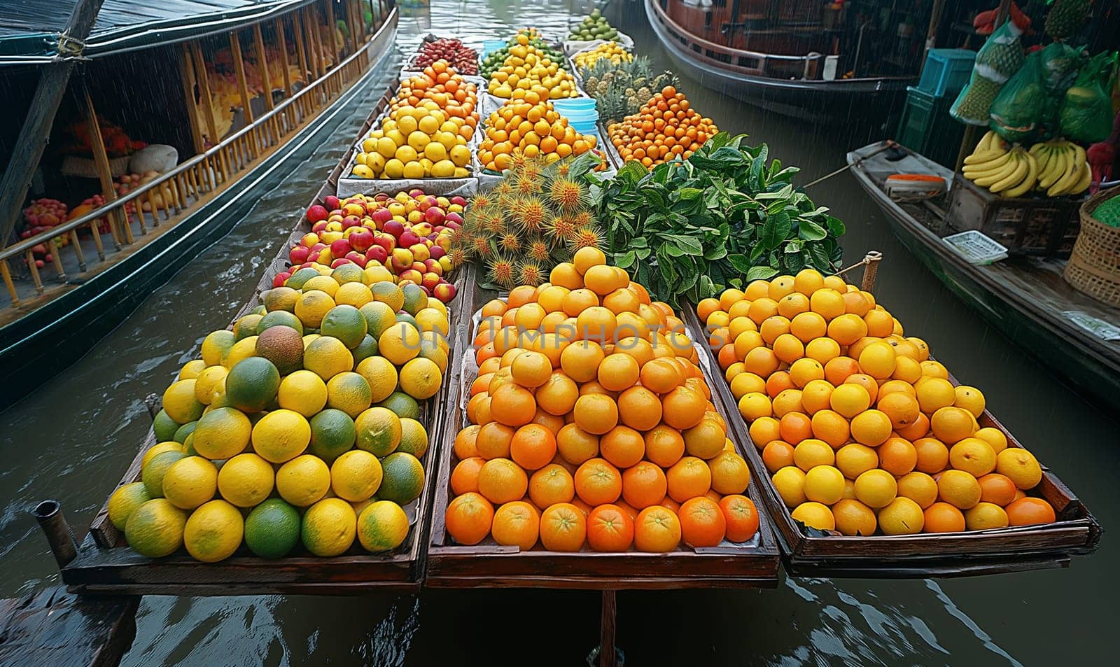 A boat brimming with assorted fruits floating on water.