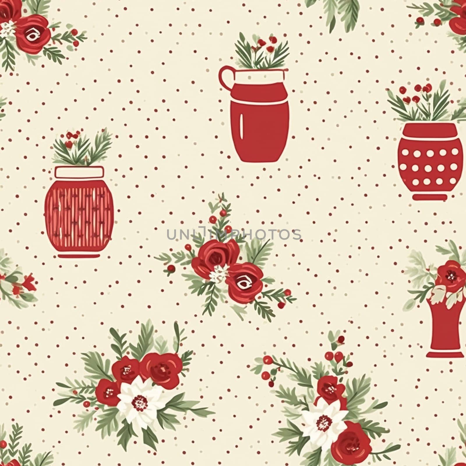 Seamless pattern, tileable holiday flowers in vase, country dots print for wallpaper, wrapping paper, scrapbook, fabric and product design by Anneleven
