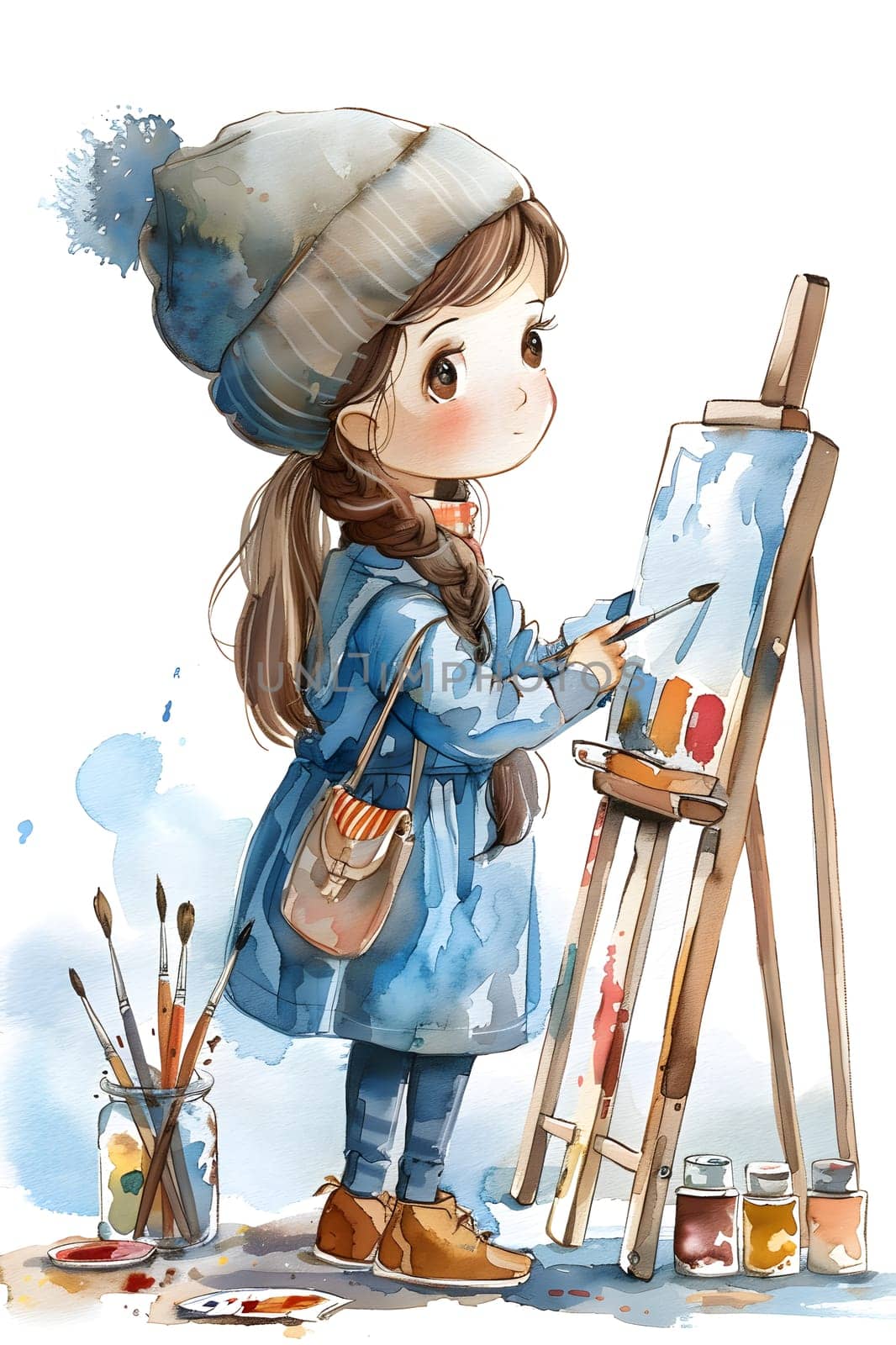 A young girl is creating a cartoon illustration on an easel with watercolor paint. Her artistic gesture brings the fictional character to life through her art