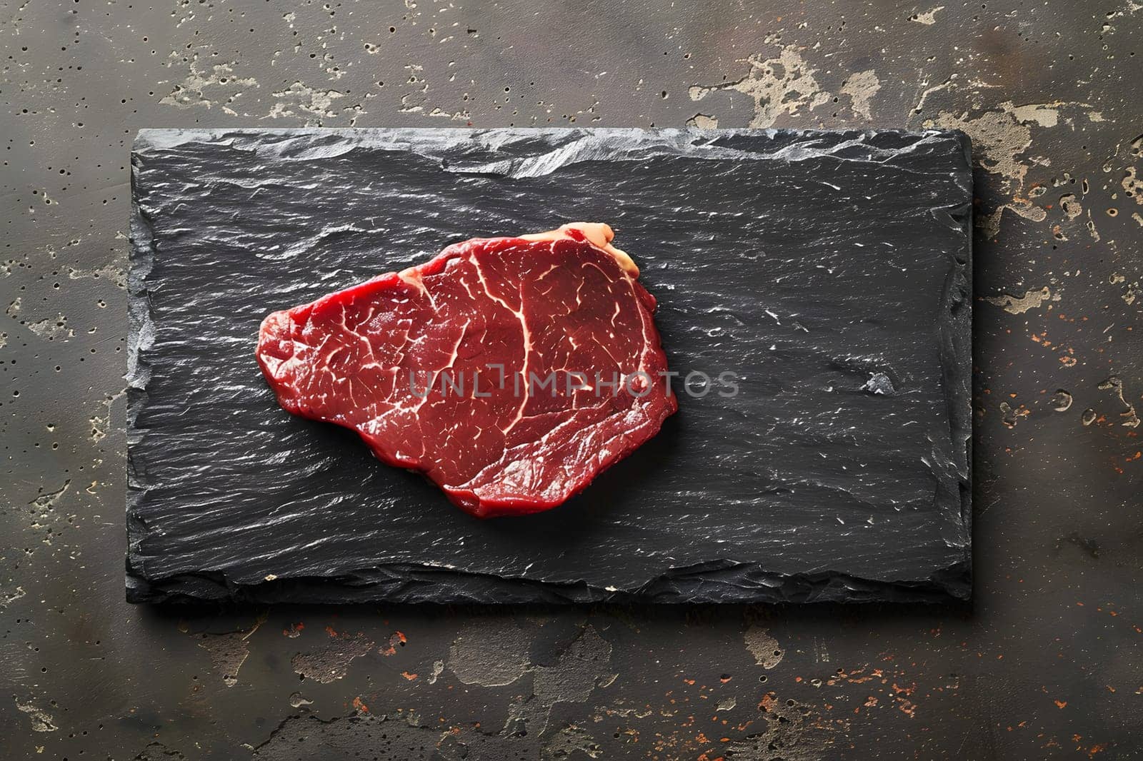 An ingredient of red meat, a piece of raw beef, is displayed on a black cutting board, ready to be used in a delicious dish