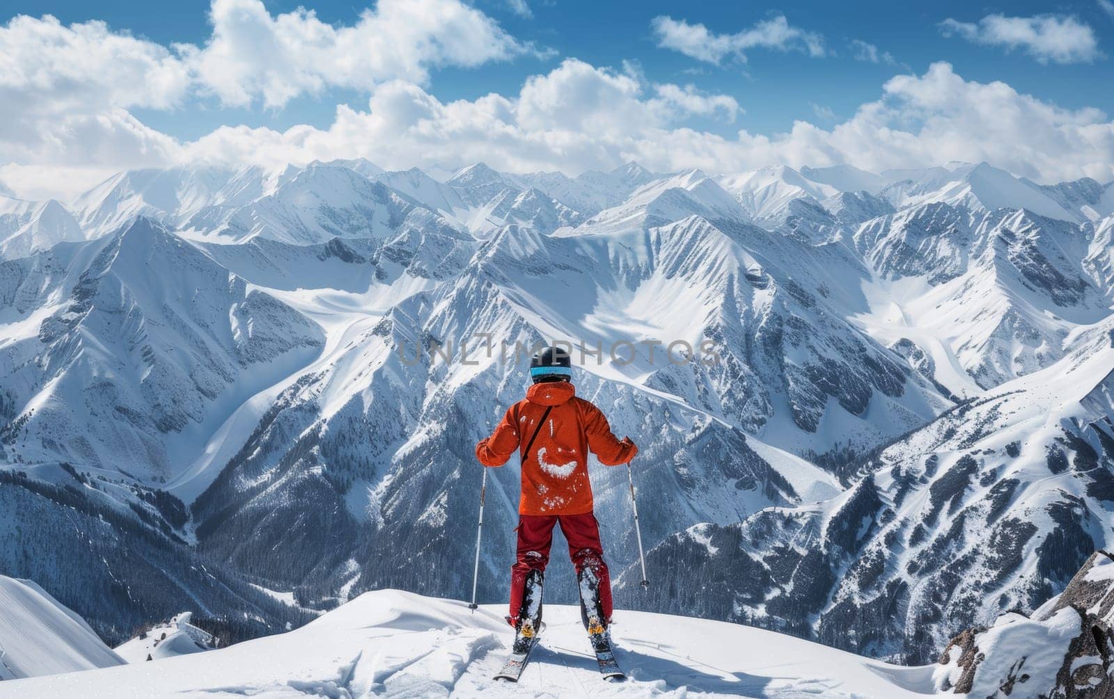 An avid skier stands at the summit, overlooking the expanse of the alpine range, as the clear sky reflects in the visor of his helmet, signaling readiness for the descent. by sfinks