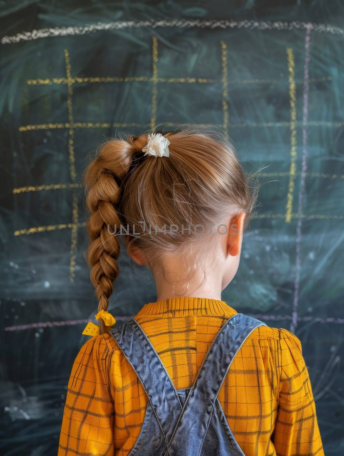 A young girl in a yellow shirt stands before a chalkboard covered in math equations. Her attention is captured by the complex problems ahead.