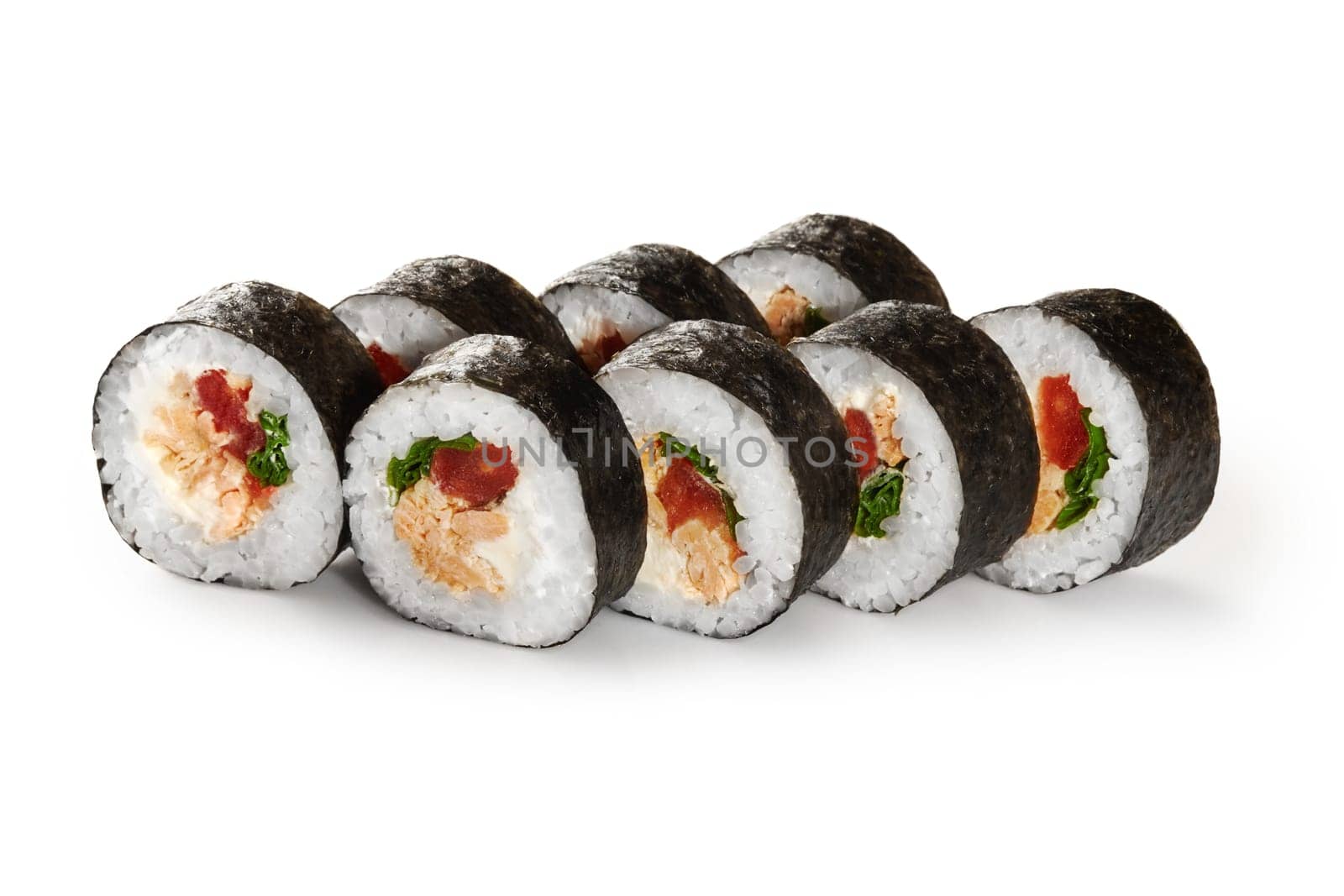 Delicious futomaki rolls with baked salmon, chopped tomatoes, scallions and cream cheese presented on white background. Popular Japanese snack