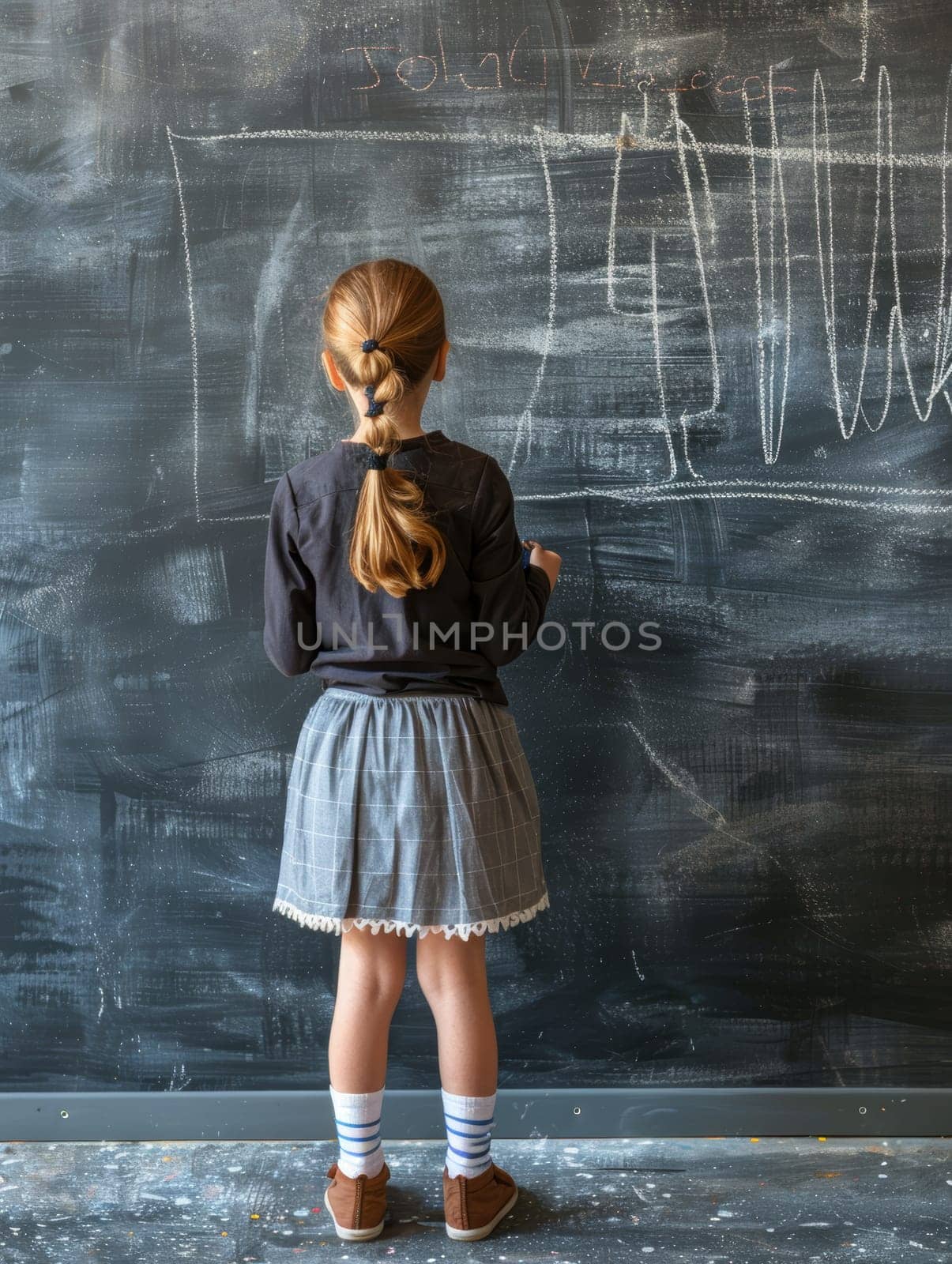 A girl stands in contemplation, gazing at the scribbled diagrams on a classroom blackboard. Her posture suggests deep thought and engagement with the subject.