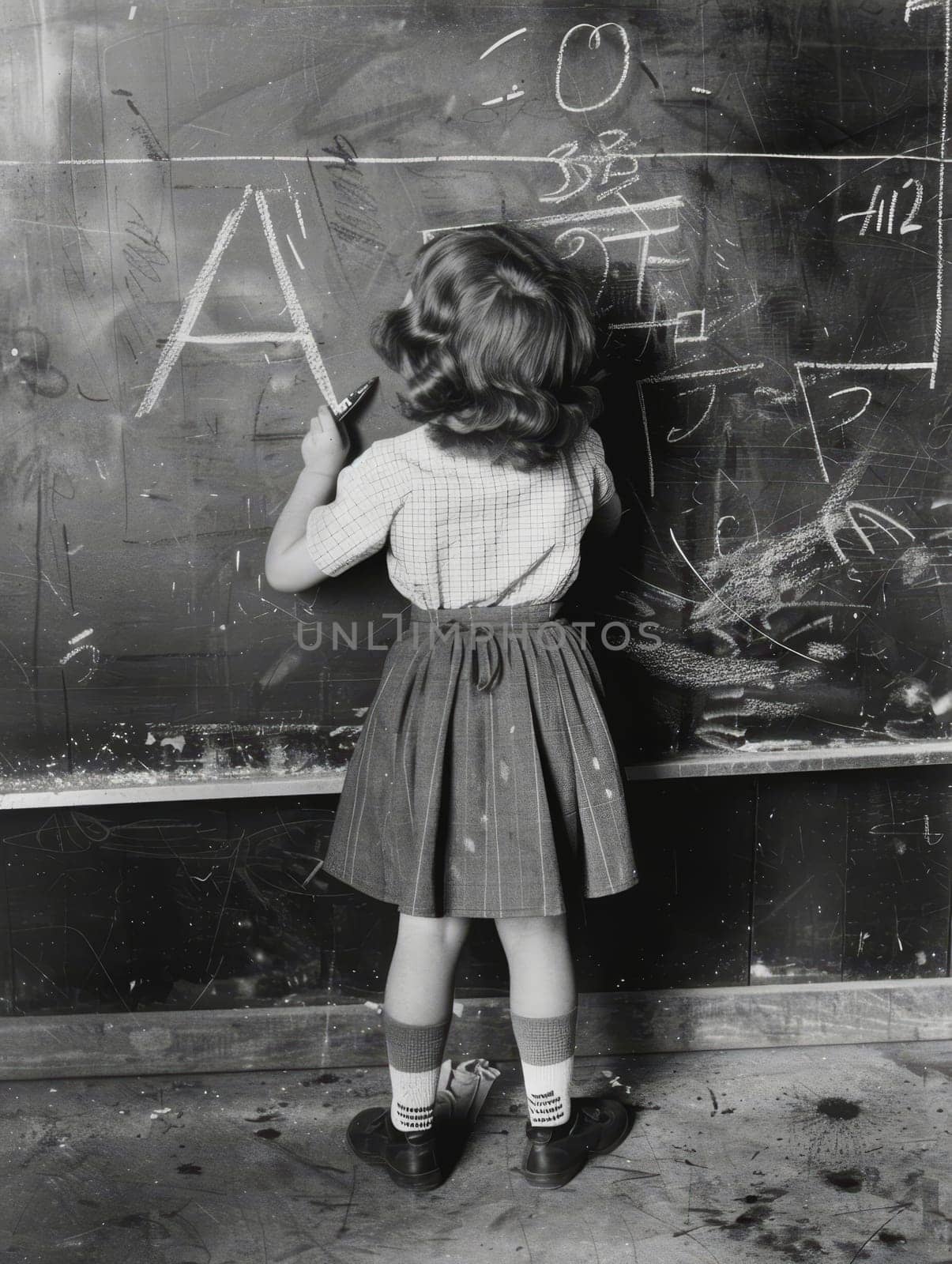 A vintage black and white image of a young child learning to write letters on a chalkboard, embodying the timeless nature of education.. by sfinks