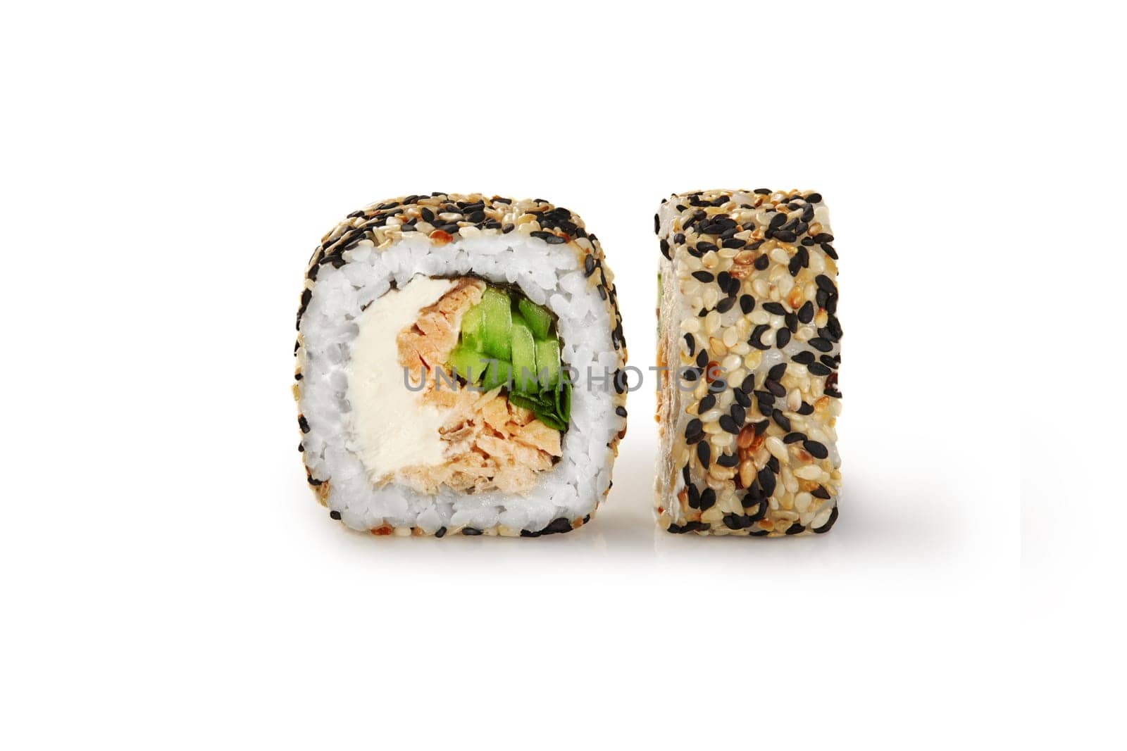 Baked tuna sushi roll with sesame on white background by nazarovsergey