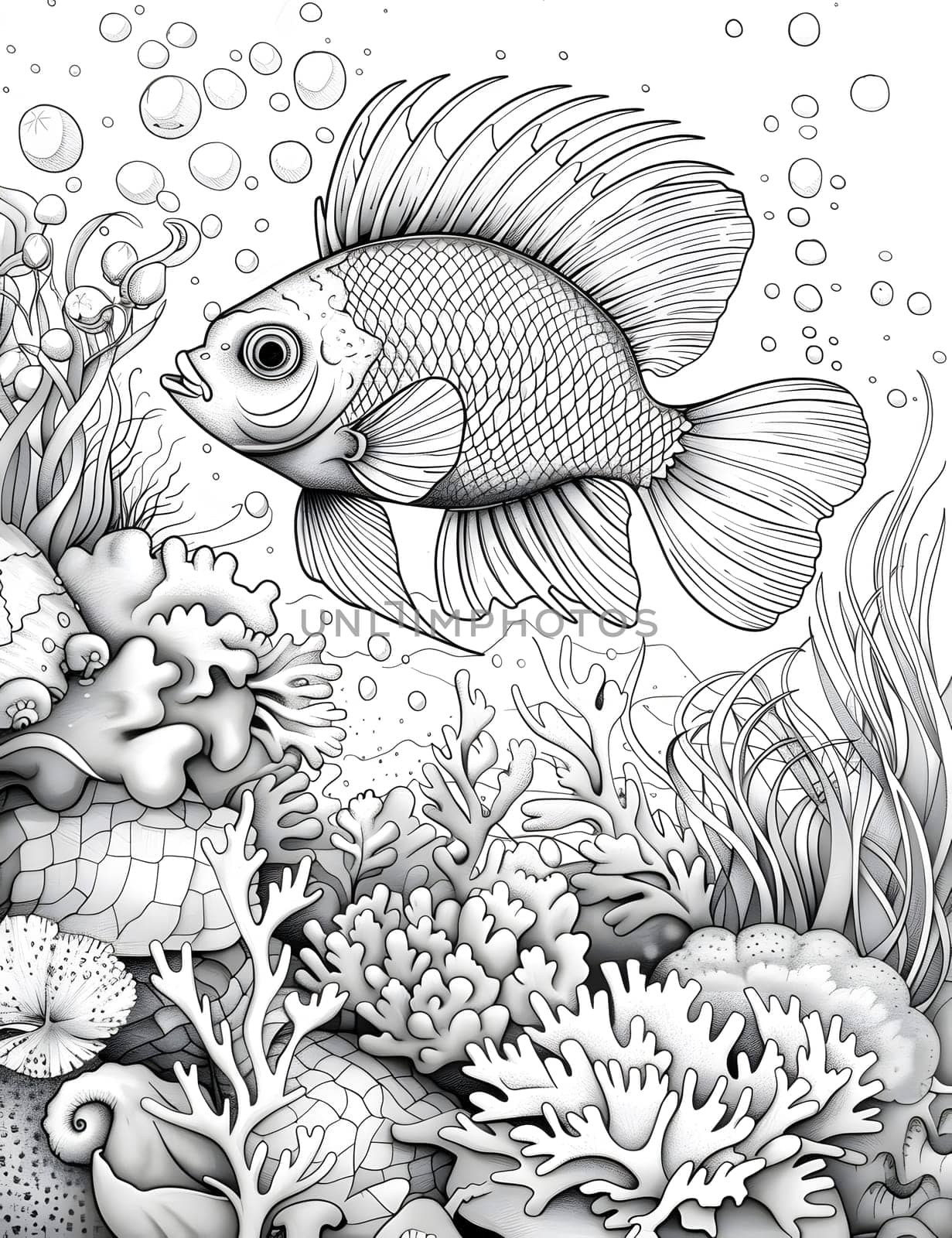A monochrome illustration of a fish gracefully swimming among coral reefs, showcasing intricate patterns and detailed plant life