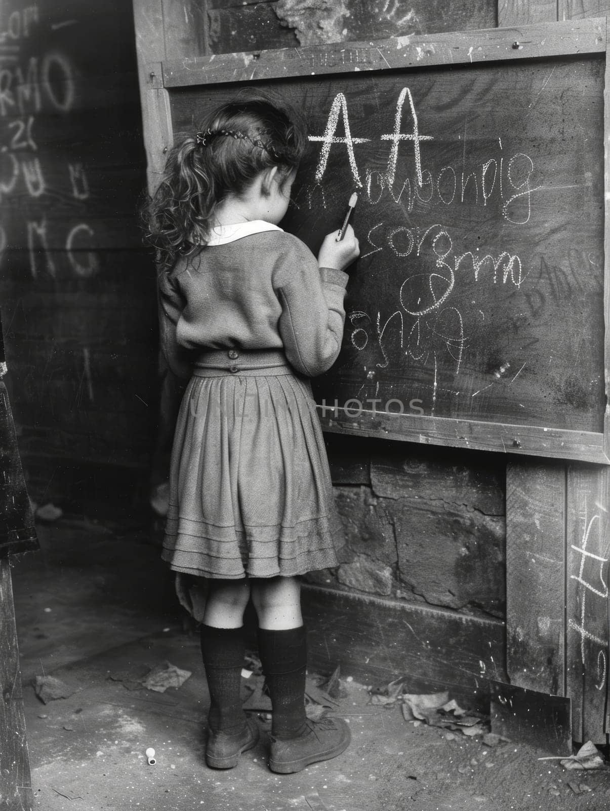 A vintage black and white image of a young child learning to write letters on a chalkboard, embodying the timeless nature of education.