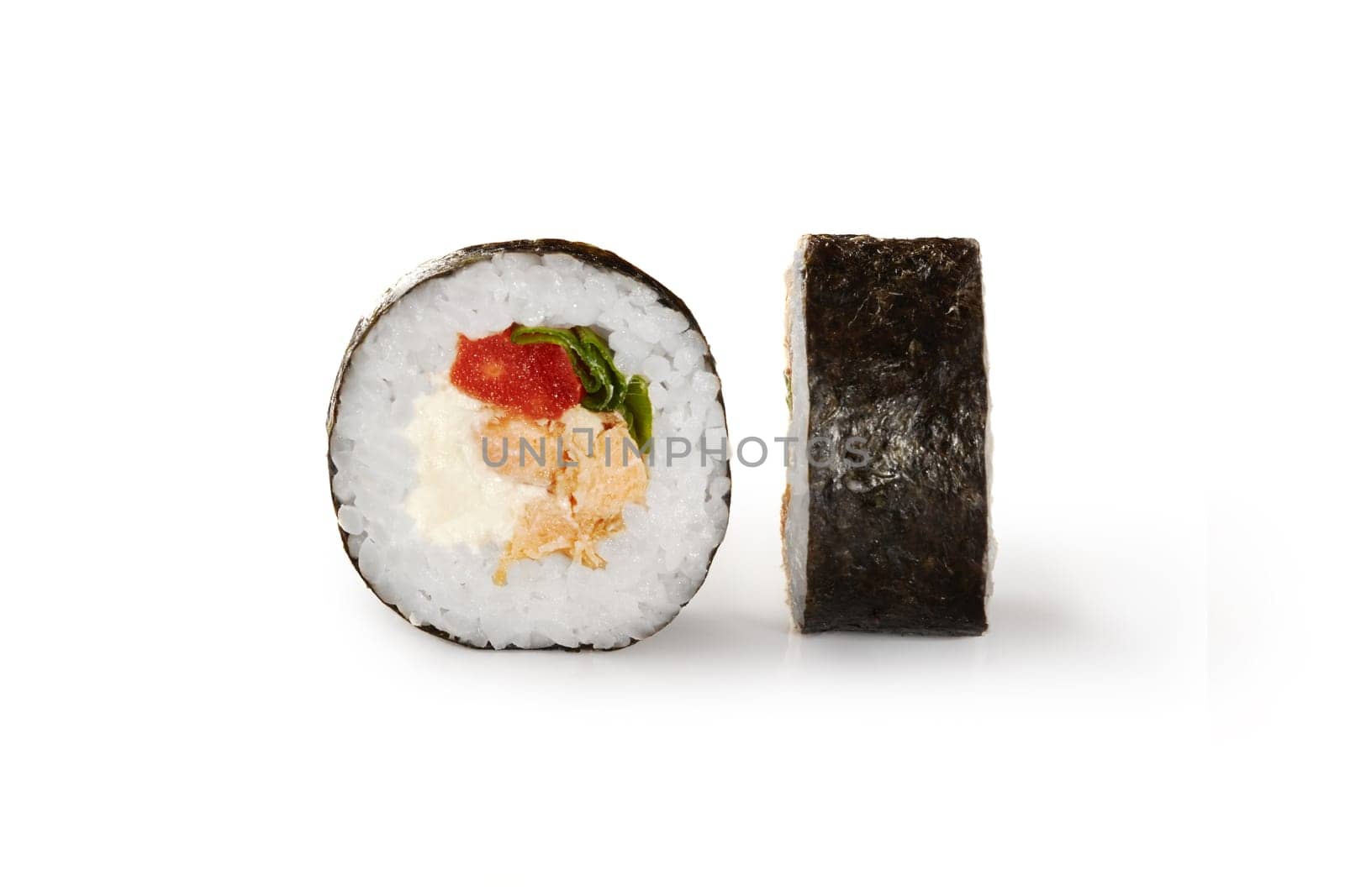 Closeup detailed view of futomaki roll filled with cream cheese, baked salmon, chopped tomatoes and scallions, displayed on white background. Japanese style cuisine