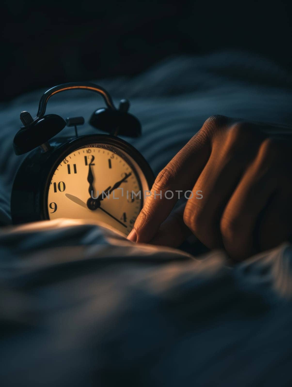 The dim light of dawn gently illuminates a hand reaching for a vintage alarm clock, a quiet moment in the early morning hours.