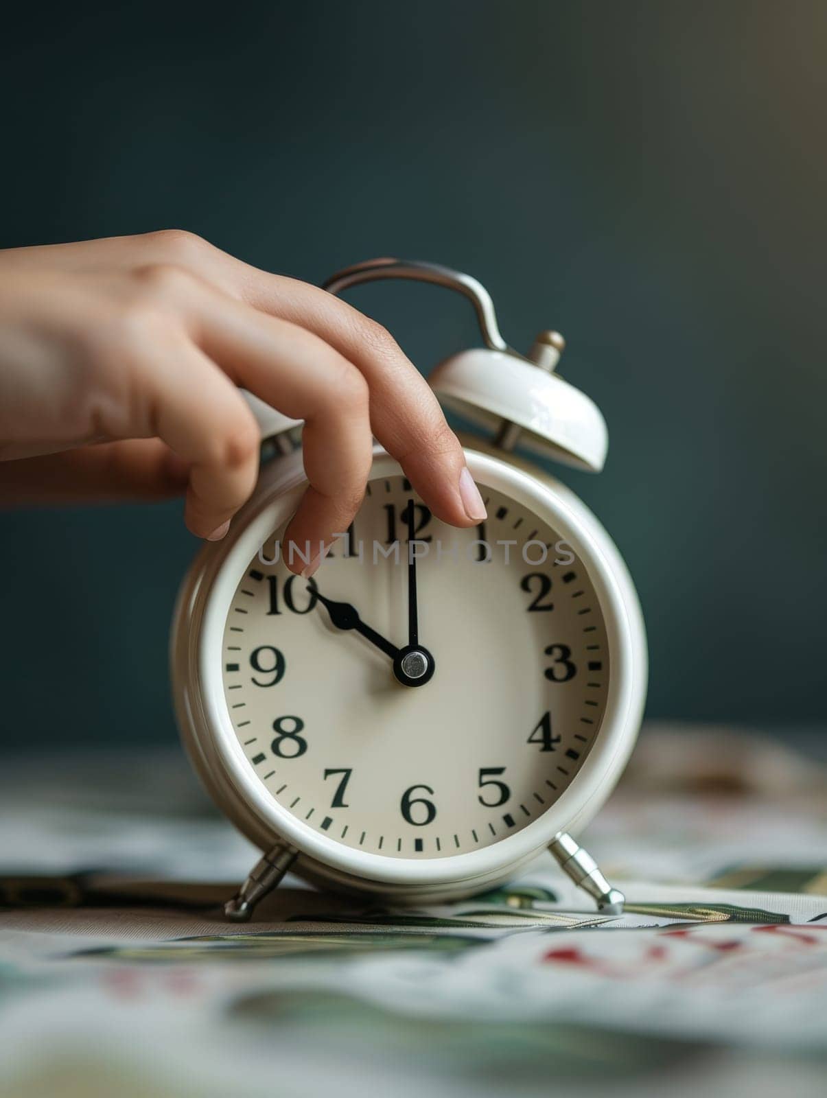 A vintage alarm clock poised to be set by a hand, evoking nostalgia and the importance of time in everyday life.