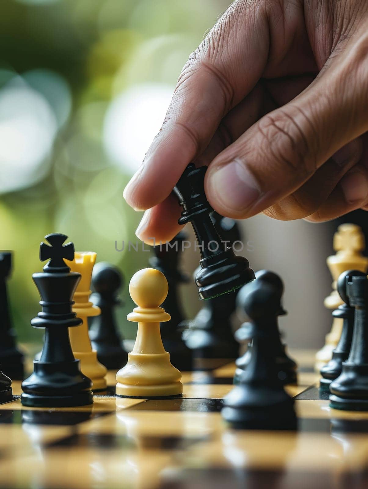 A focused hand gesture during an intense chess match portrays the depth of concentration and strategic planning involved in the game.. by sfinks