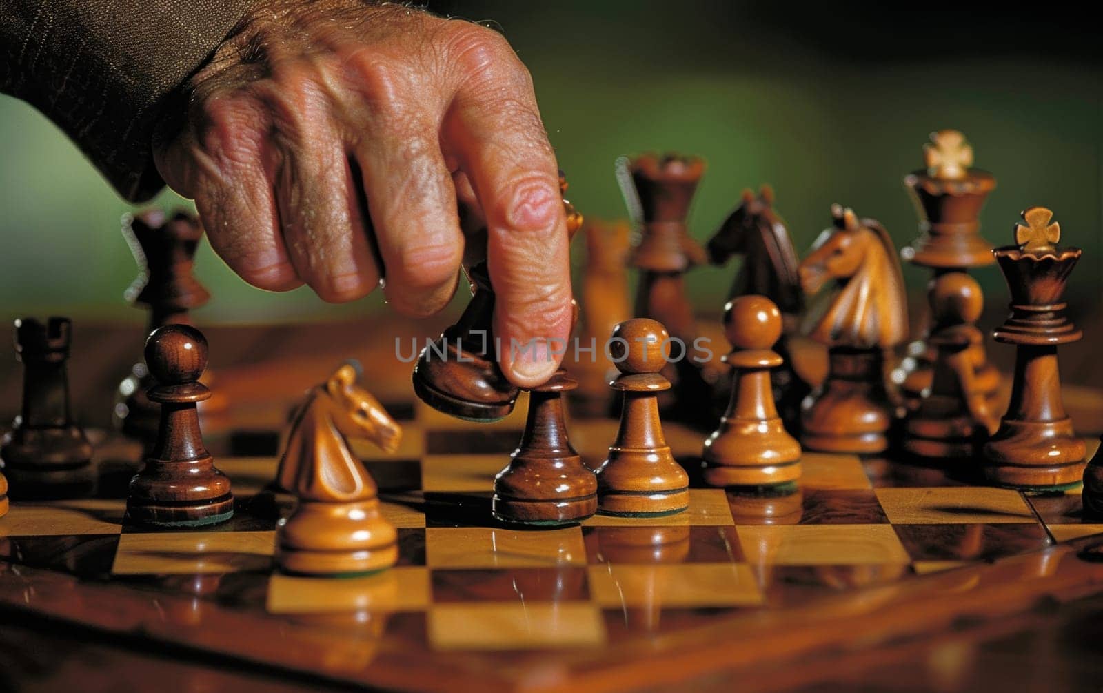 A focused hand gesture during an intense chess match portrays the depth of concentration and strategic planning involved in the game.