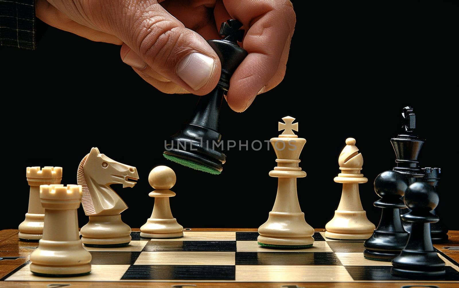 A close-up of a hand executing a strategic move on a wooden chessboard, highlighting the skill and concentration in the game.