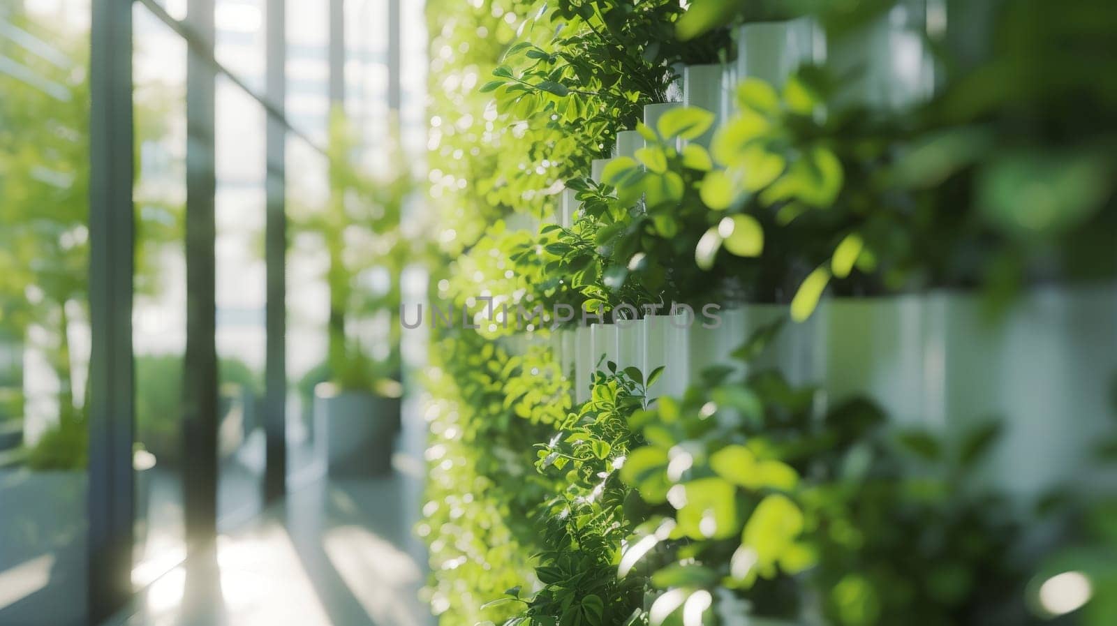 The image showcases an urban green wall inside a contemporary building, highlighting sustainable design with a focus on wellbeing and aesthetics. Sunlight filters through, enhancing the lush foliage.