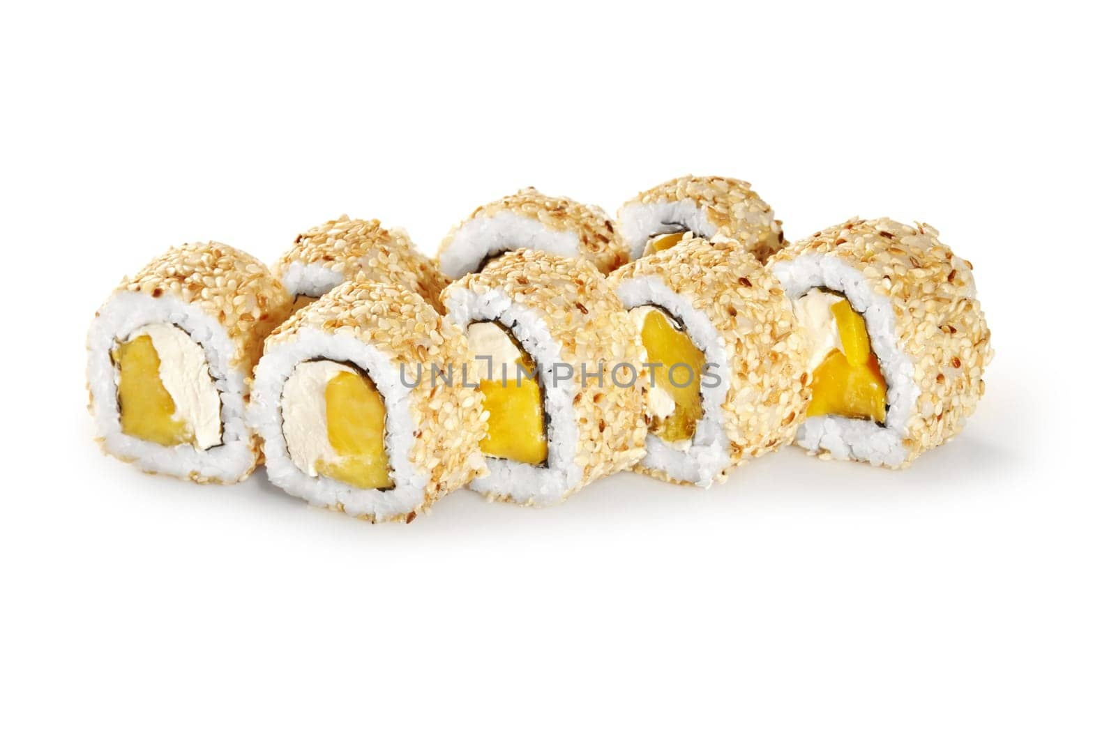 Exotic sushi roll filled with delicate cream cheese and sweet ripe mango slices, generously sprinkled with sesame seeds presented on white background. Japanese style cuisine