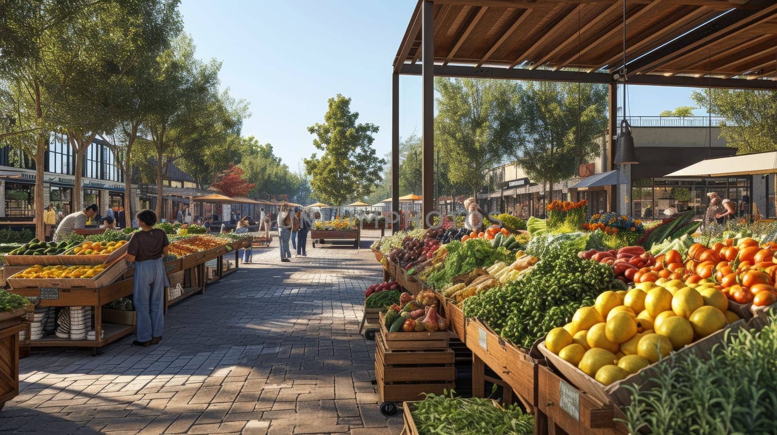The image features a shaded alley in an outdoor market, lined with stalls offering a fresh variety of produce, inviting shoppers into a tranquil, tree-lined space.