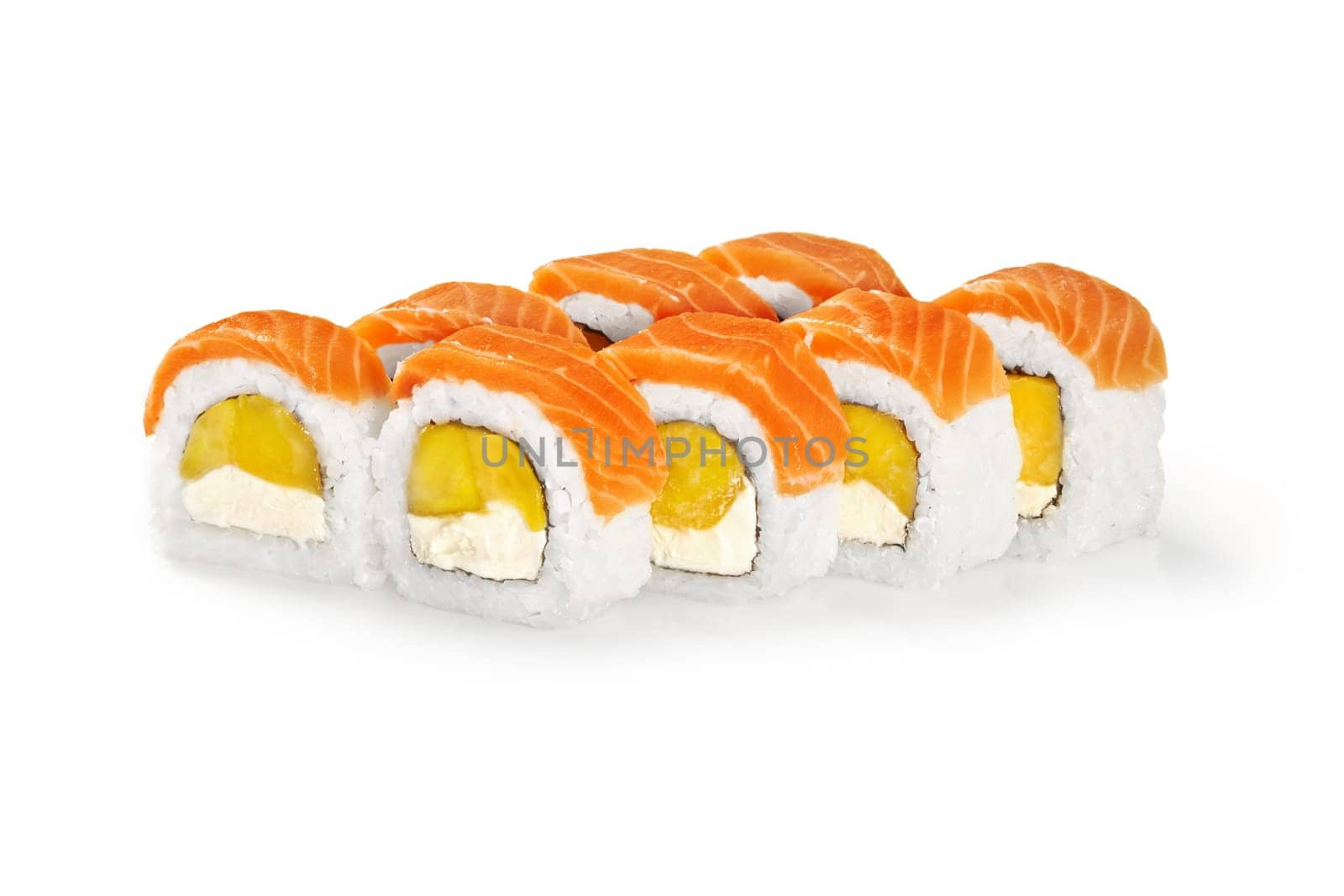 Exotic salmon sushi rolls filled with cream cheese and sweet ripe mango slices, presented on white background. Japanese style cuisine