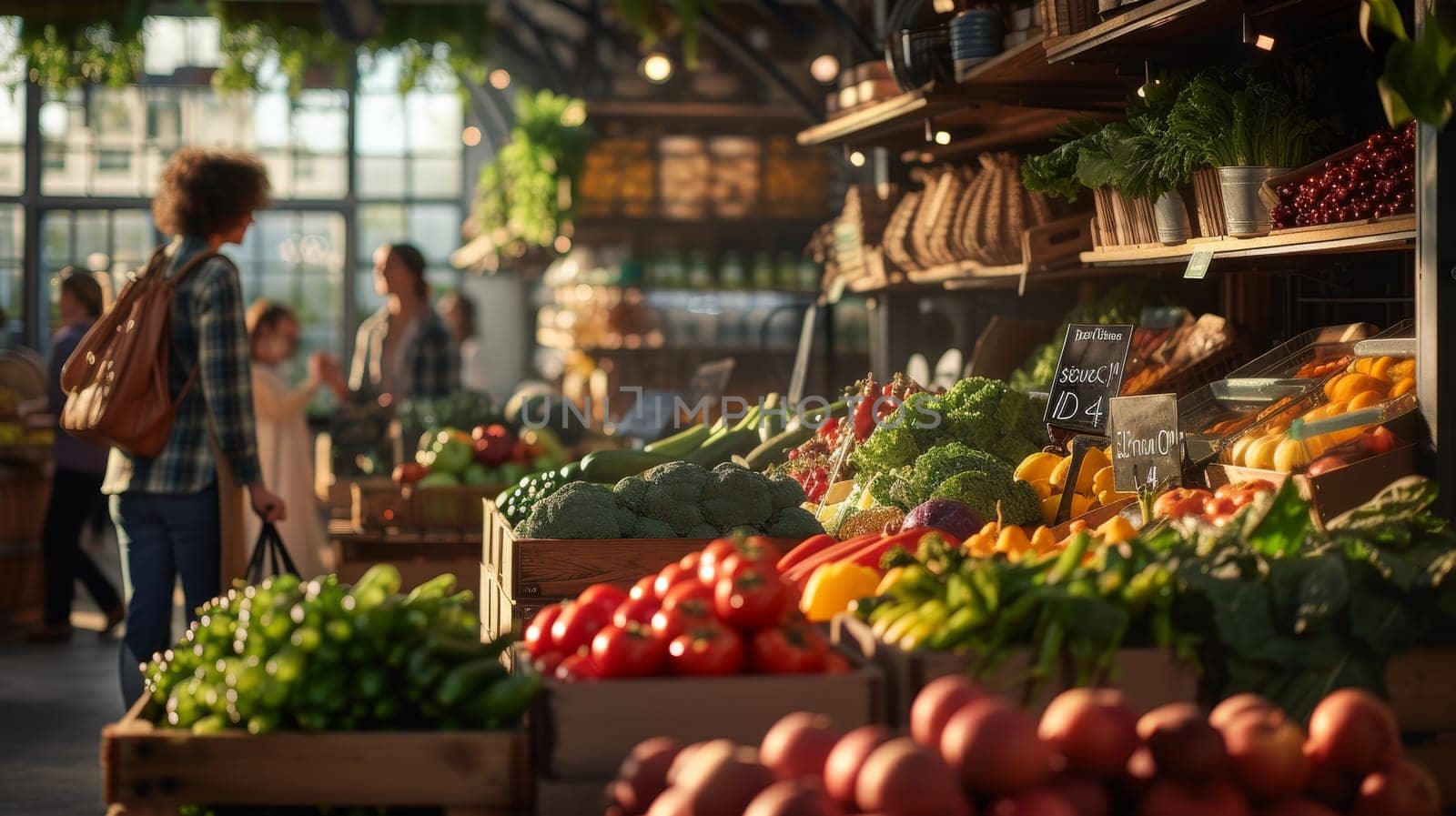 This image showcases a bustling outdoor market under a pergola, where vendors and shoppers engage amidst a fresh, locally-sourced selection of produce.