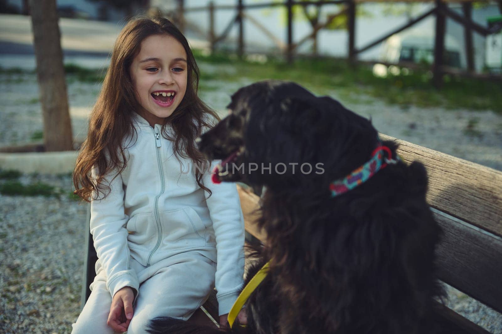 Cute smiling little child girl playing with her favorite pedigree dog friend while walking outdoors in the city park. Cheerful elementary age kid enjoying happy time with her pet in the nature