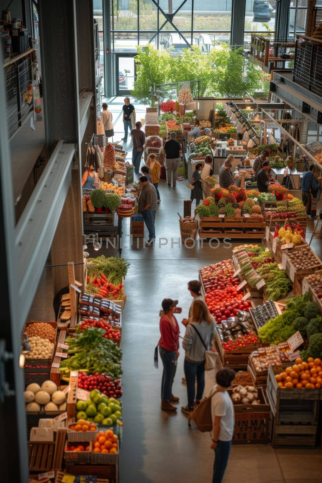 Overlooking an indoor market aisle, this image captures shoppers browsing through an array of vibrant fresh produce with an industrial-style architecture overhead.. by sfinks