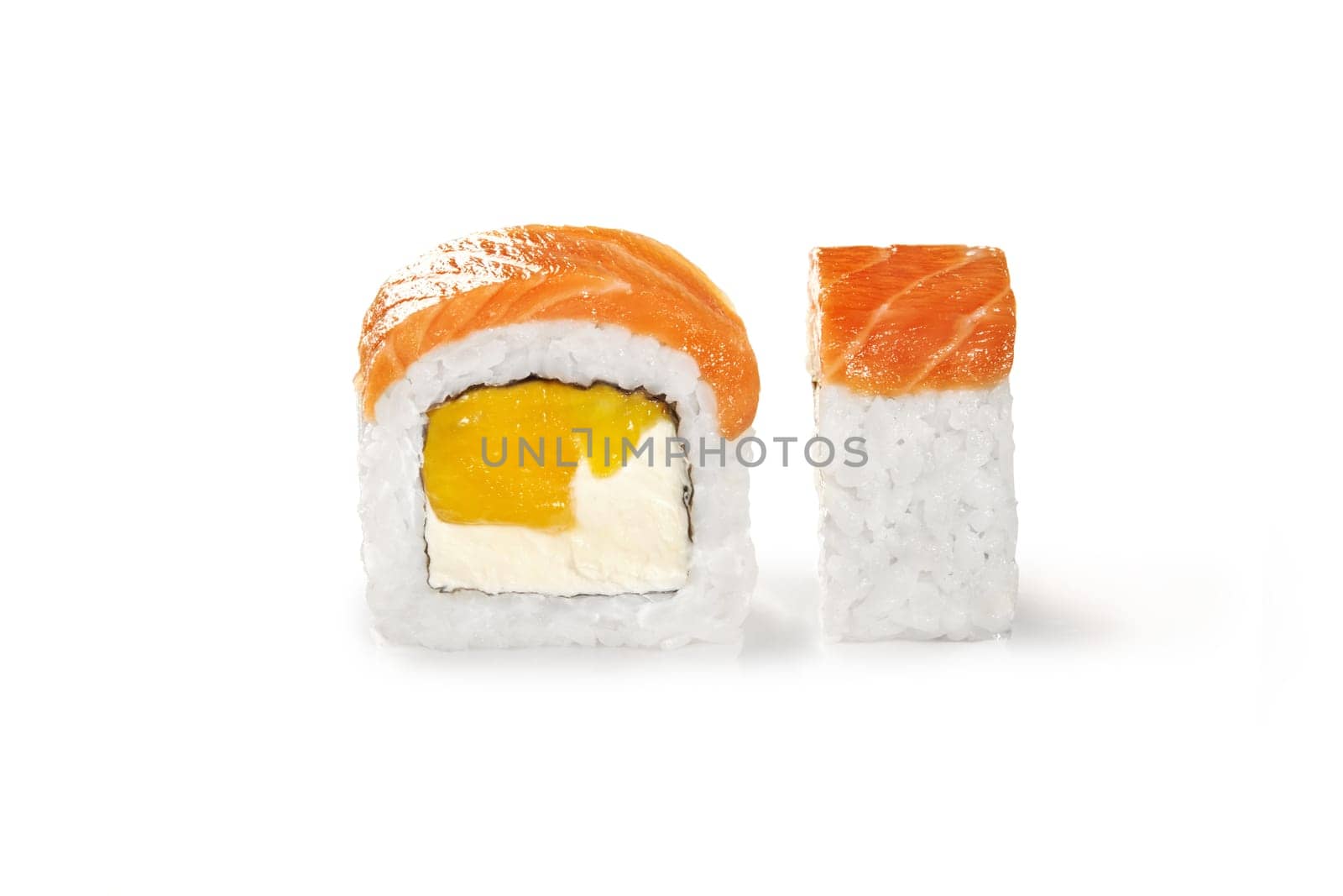 Elegant sushi roll topped with fresh salmon, with sweet mango and creamy cheese filling, detailed closeup view isolated on white background