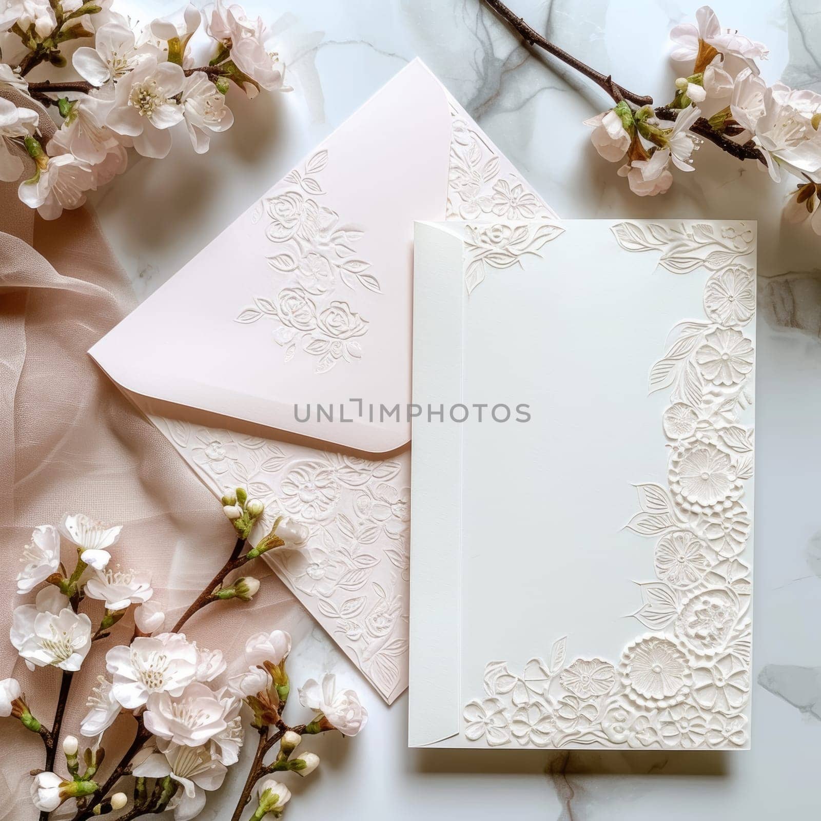 A minimalist wedding invitation card, elegantly designed with a white floral embossed pattern, complemented by a pastel envelope and cherry blossoms.