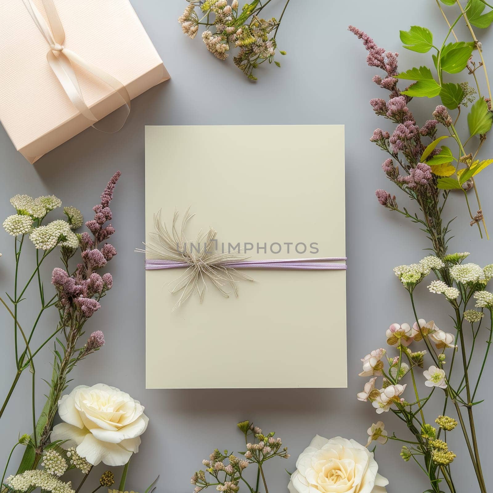A neutral-toned card, tied with a lavender ribbon and adorned with a delicate feather, lies amongst a vibrant selection of wildflowers and an elegant gift box. Serene and organic elegance