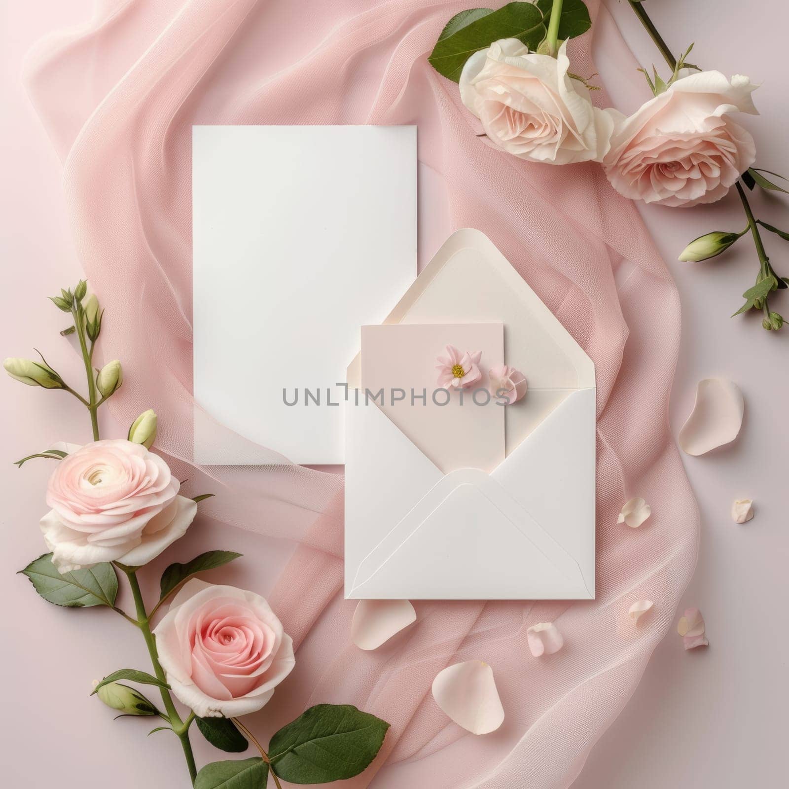 Delicate pink stationery envelopes and cards are showcased amidst a soft fabric background with blooming roses, conveying a romantic and tender message setting. The aesthetic is gentle and dreamy