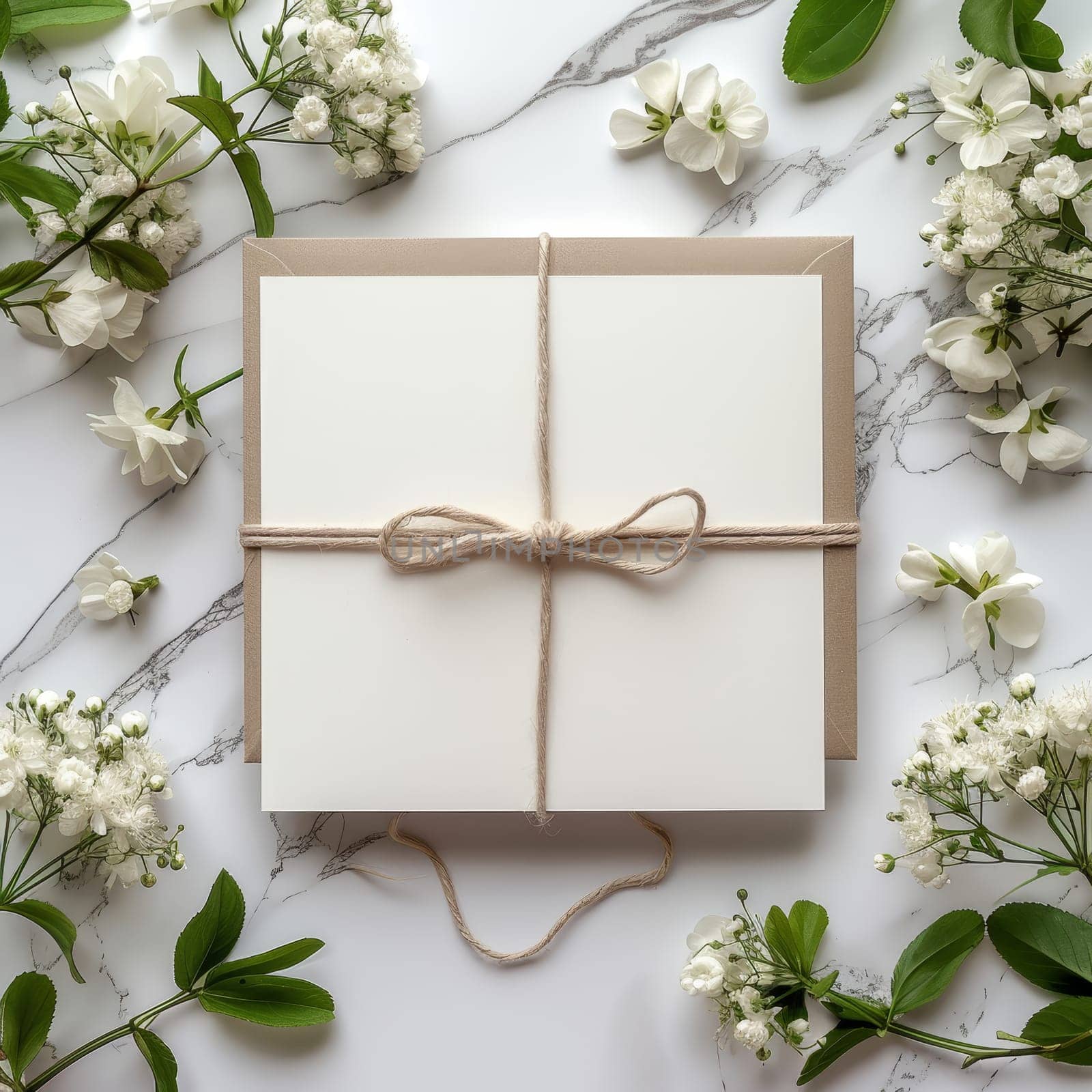 A simple, elegant invitation card wrapped in brown string lies among a sea of white blossoms, creating a harmonious rustic charm. The composition speaks of purity and simplicity, with grace