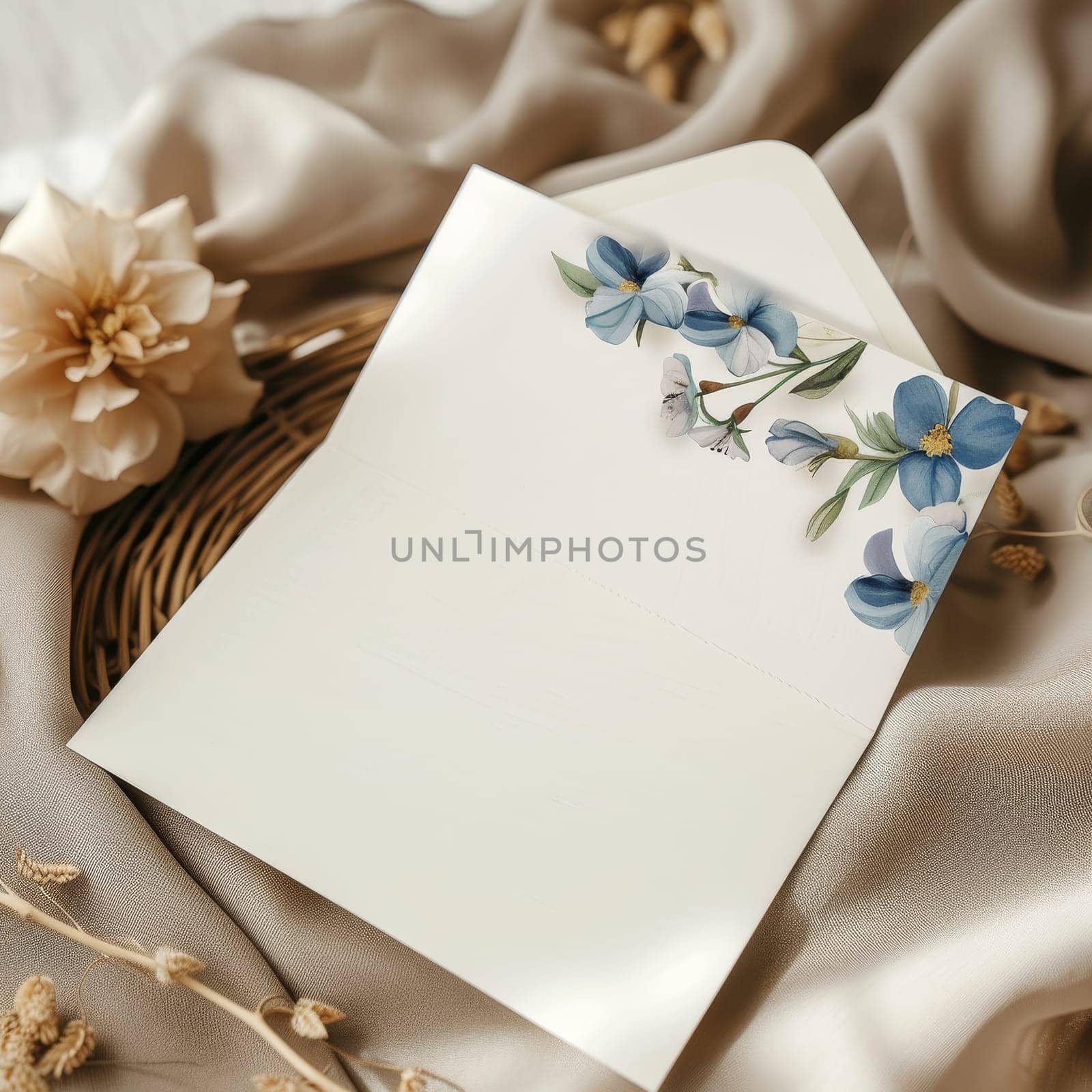 A white envelope features a delicate blue flower illustration, nestled on a soft fabric background next to natural blooms. This image combines the artistry of illustration with the beauty of flowers