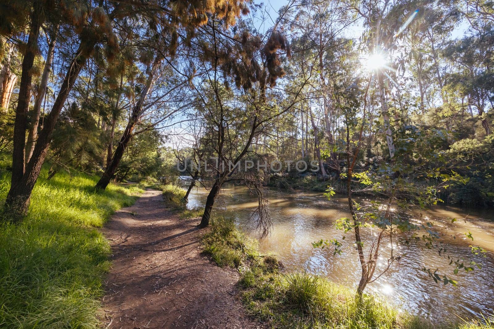 Warrandyte River Reserve and surrounding landscape on a cool autumn day in Warrandyte, Victoria, Australia.