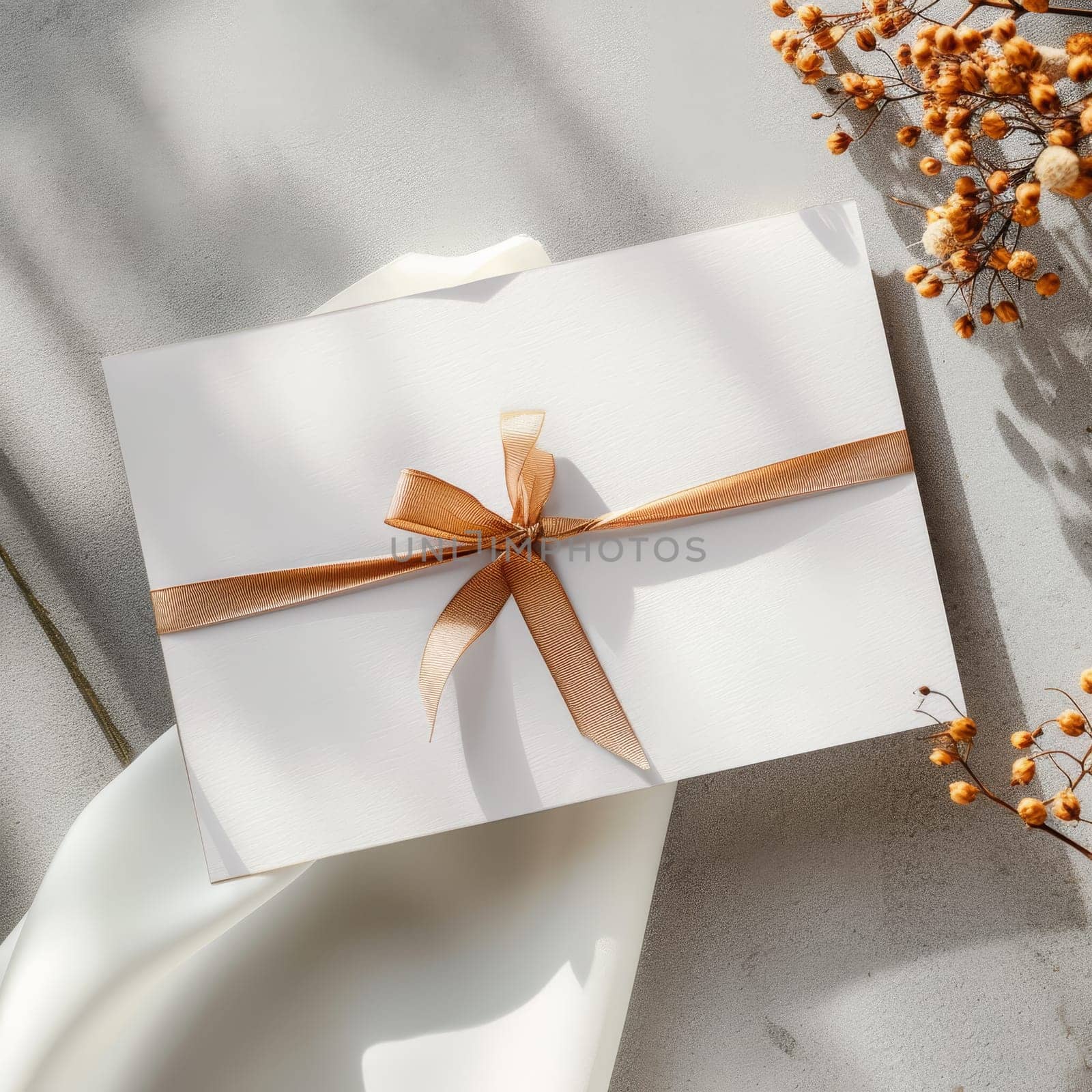 A sunlit white envelope, embellished with a satin golden ribbon, casts a soft shadow amidst dried autumnal flora. This image embodies the warmth and nostalgia of seasonal correspondence.