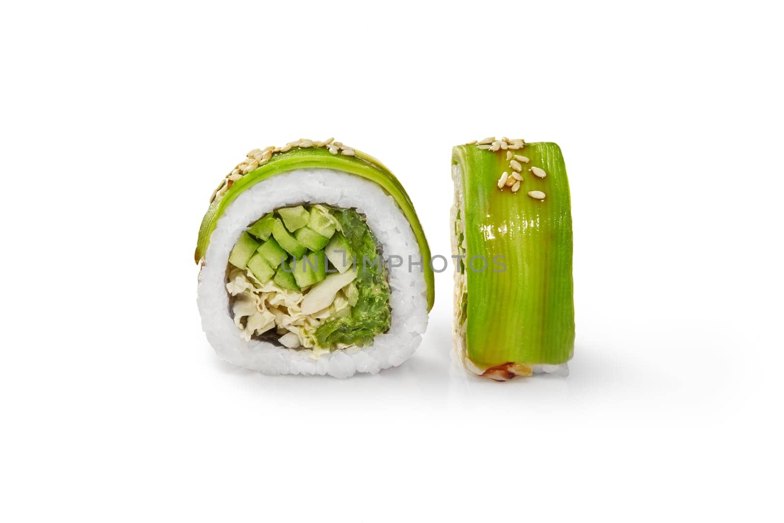 Vegetarian avocado sushi roll with vegetable filling on white by nazarovsergey