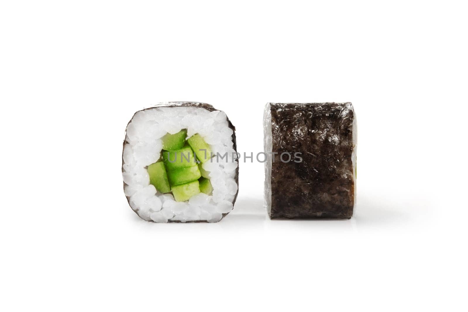Detailed view of classic kappa maki sushi rolls with chopped fresh cucumbers wrapped in rice and nori seaweed isolated on white background. Authentic Japanese restaurant menu