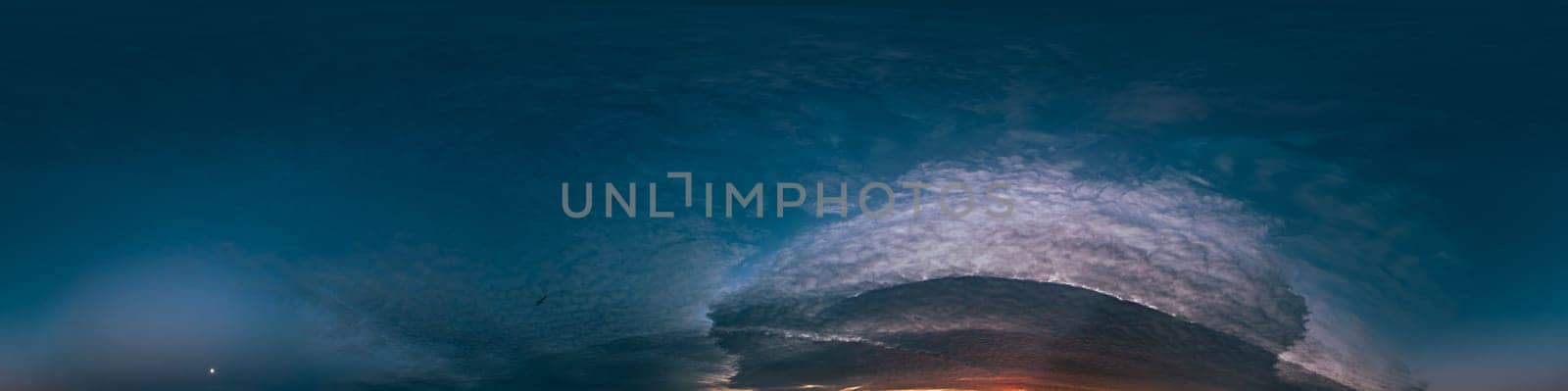 360 panorama of glowing sunset sky with bright pink Cumulus clouds. HDR 360 seamless spherical panorama. Full zenith or sky dome sky replacement for aerial drone panoramas. Climate and weather change. by Matiunina