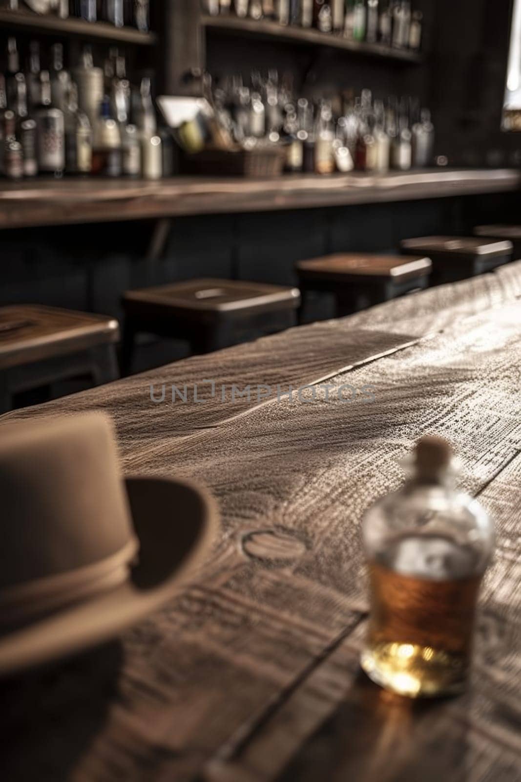 A whiskey glass rests on a wooden table, captured in a focused moment against a bokeh pub backdrop. The scene sets a contemplative mood, steeped in the character of a classic tavern