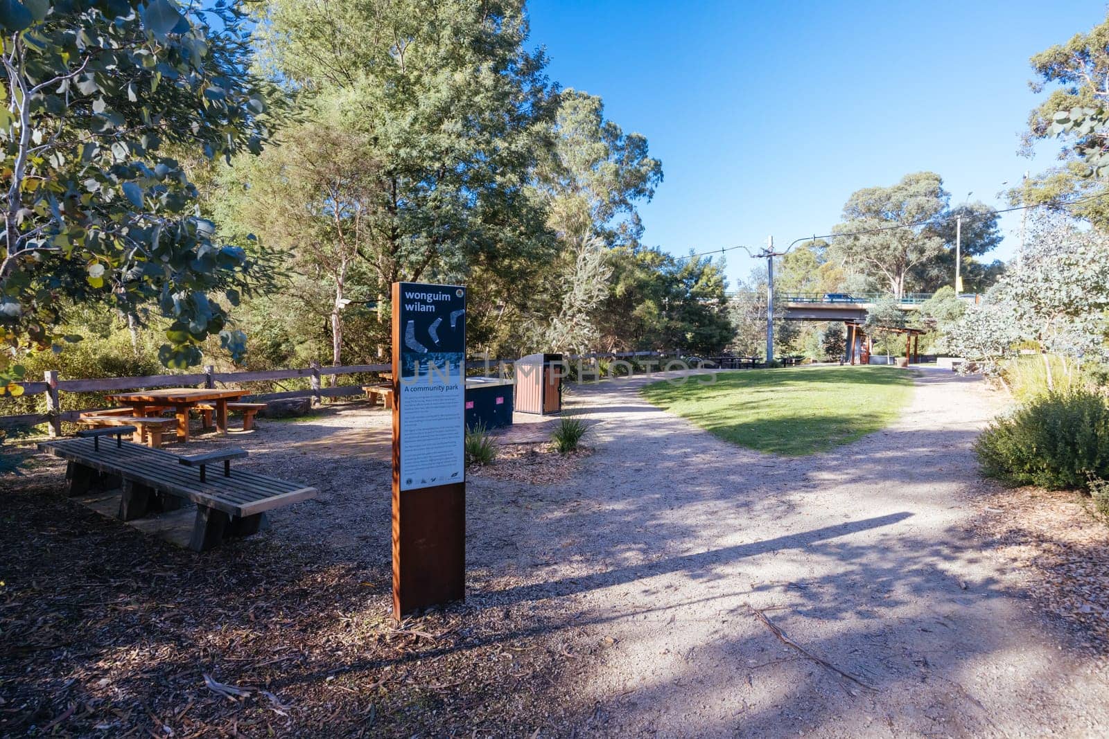 Warrandyte River Reserve and Wonguim Wilam parkland on a cool autumn day in Warrandyte, Victoria, Australia.