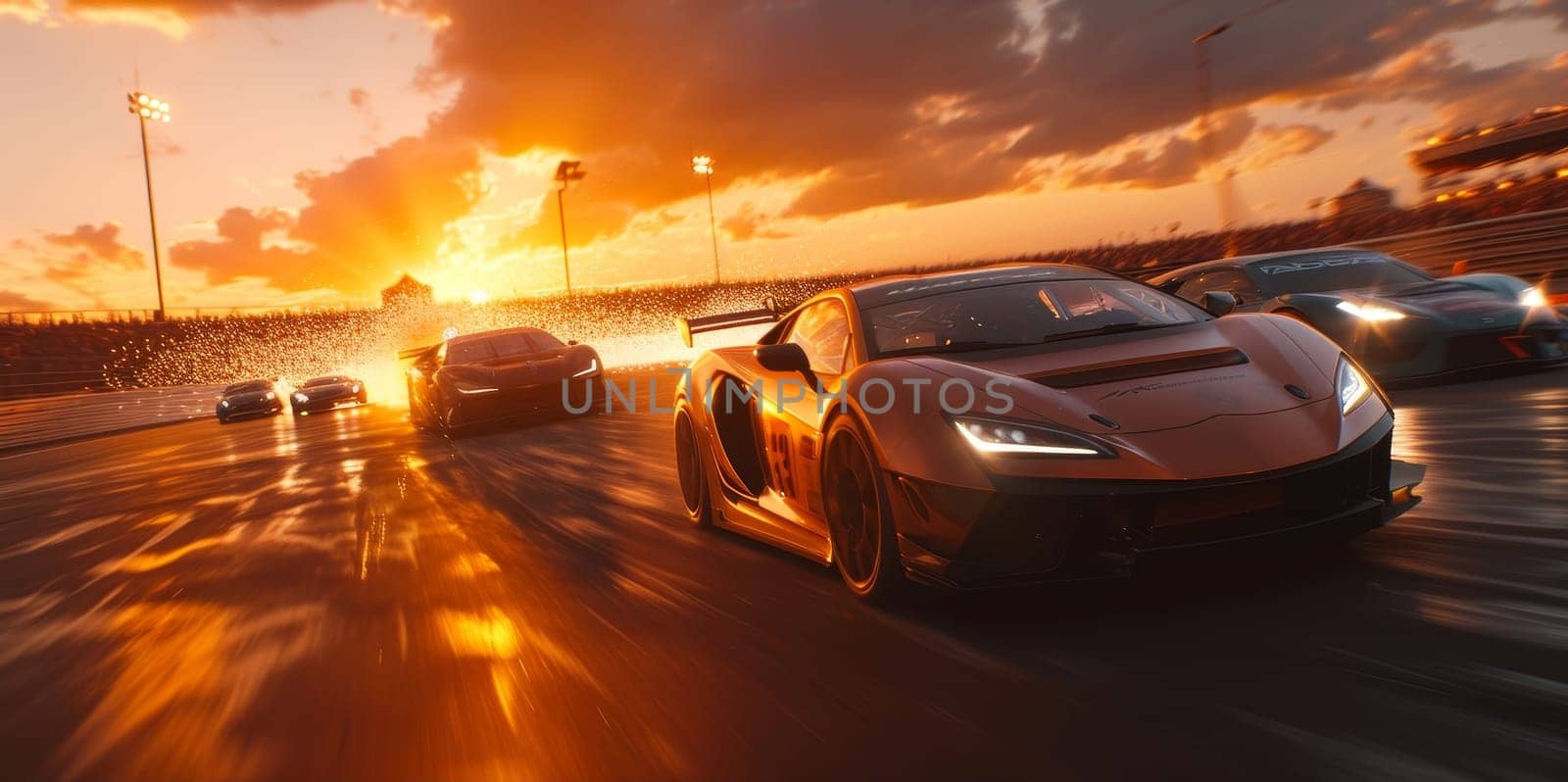 A spectacular scene on the speedway as racing cars compete against the backdrop of a stunning sunset, their motion captured in a vivid display of speed and agility