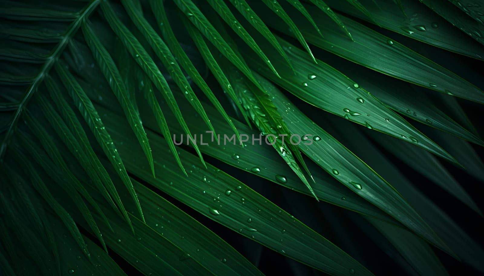 A close-up view capturing the serene beauty of a vibrant green leaf, enhanced by glistening water droplets scattered across its surface.