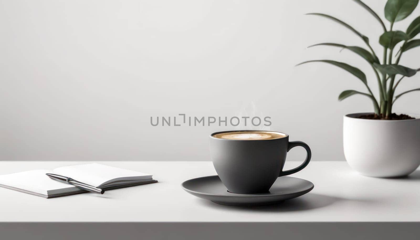Morning Coffee: Cup filled with steaming coffee rests on a clean white table, casting a subtle shadow. creating a serene morning scene