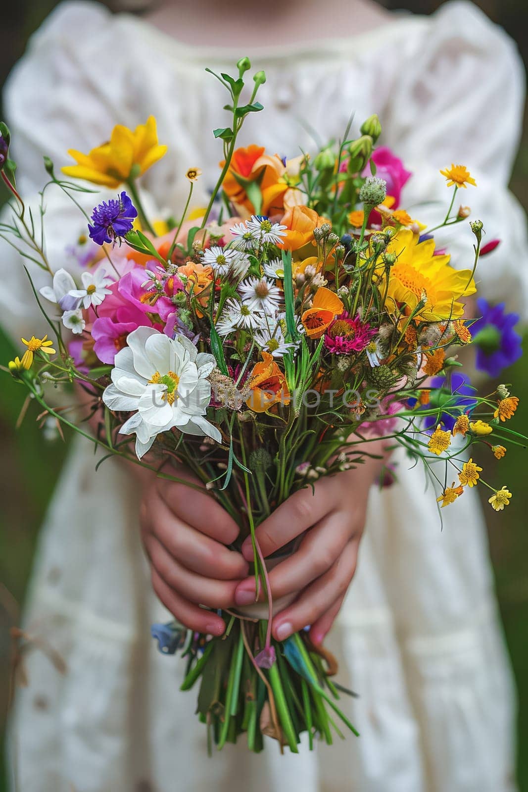 Child with a bouquet of wild flowers. Selective focus. Nature.