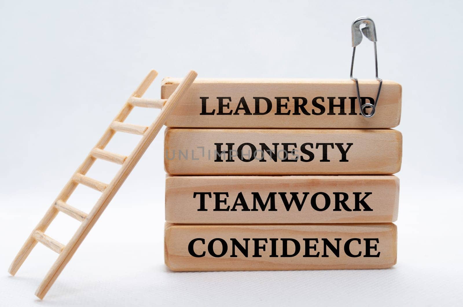 Leadership, honesty, teamwork and confidence text on wooden blocks. Leadership concept. by yom98