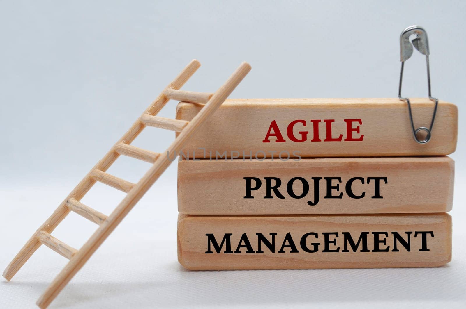 Agile project management text on wooden blocks with small toy ladder.