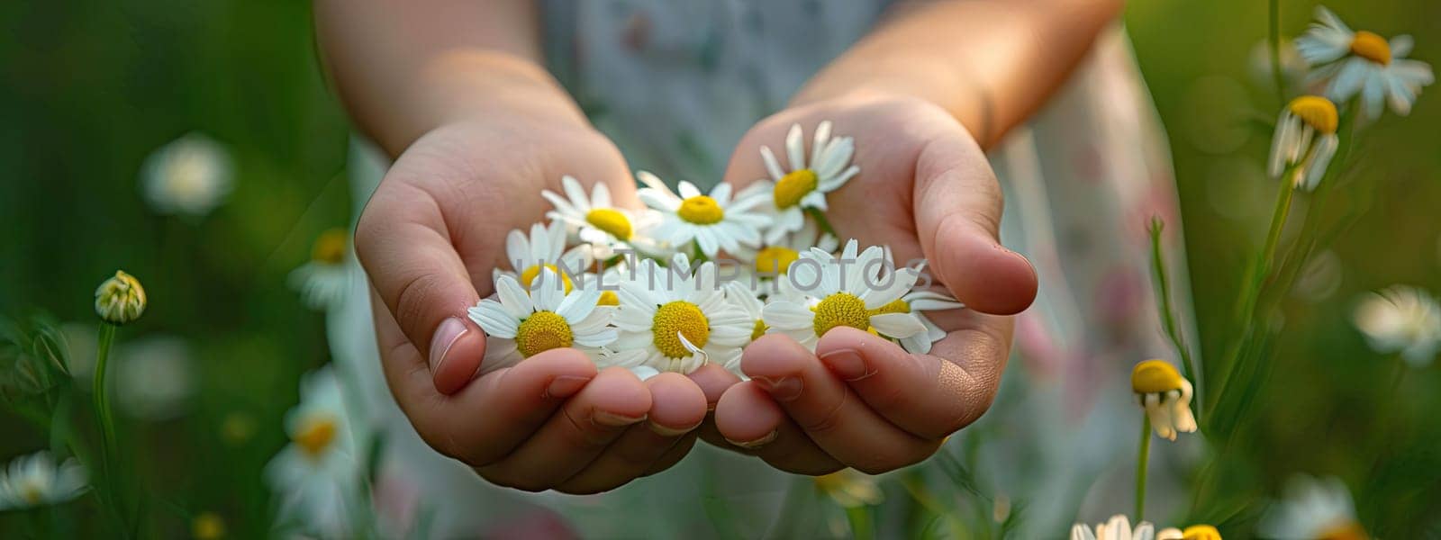 Chamomiles in the hands of a child. Selective focus. kid.