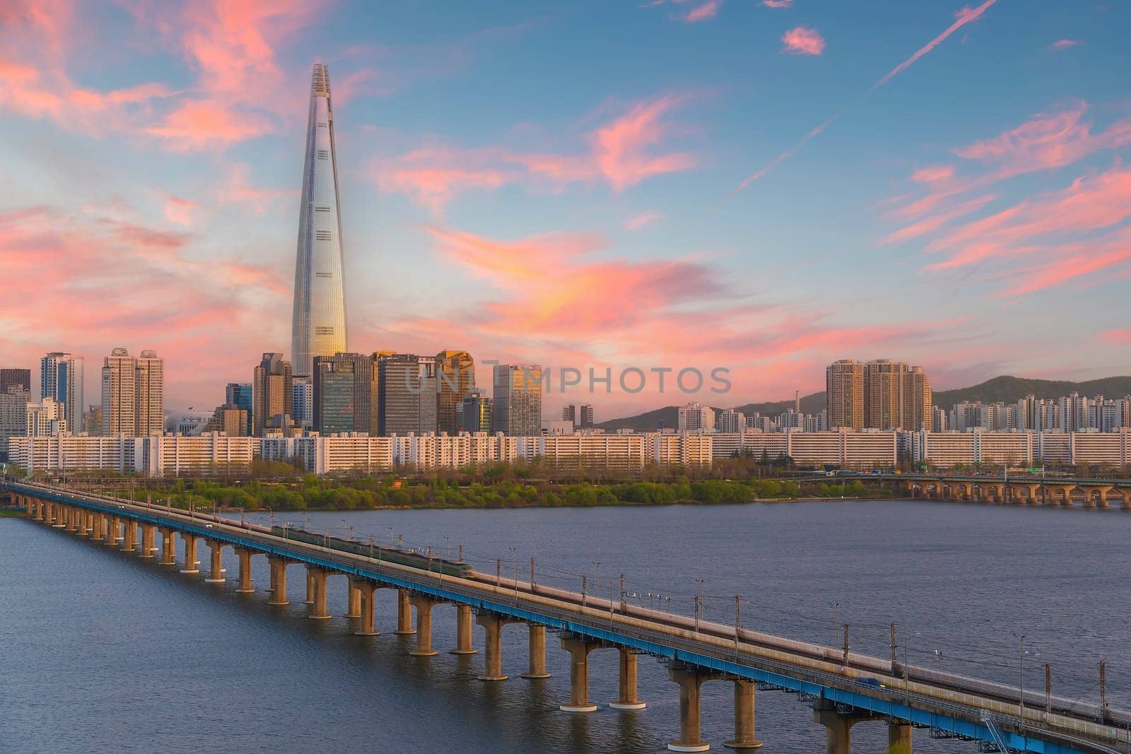 Skyline of seoul, the capital city of south korea with Han River at sunset