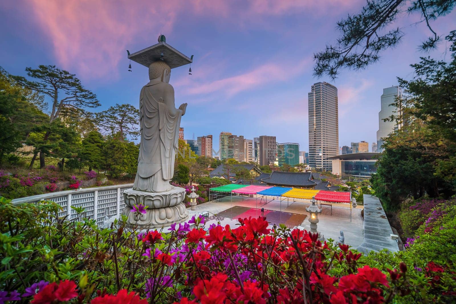 Bongeunsa Temple During the Summer in the Gangnam District of Seoul, South Korea with colorful flowers