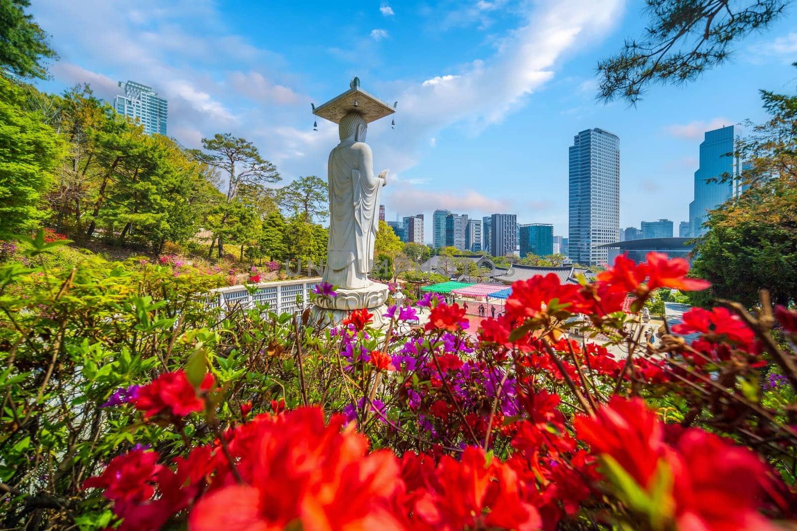 Bongeunsa Temple During the Summer in the Gangnam District of Seoul, South Korea with colorful flowers