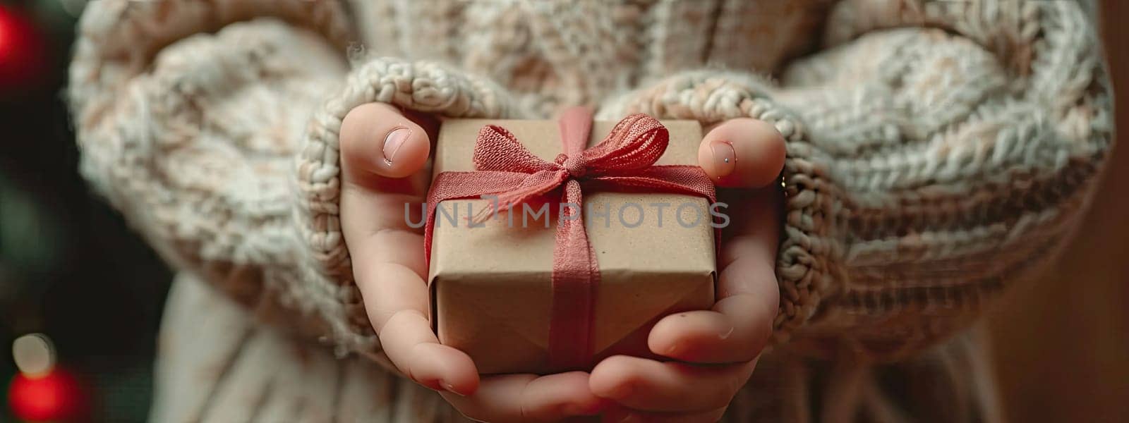 Gift box in the hands of a child. Selective focus. Kid.